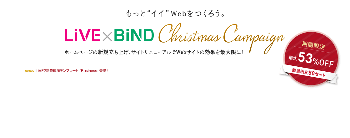 『LiVE×BiNDクリスマスキャンペーン』御社のWEBご担当者さまを応援します！ホームページの新規立ち上げ、サイトリニューアルでWebサイトの効果を最大限に！
