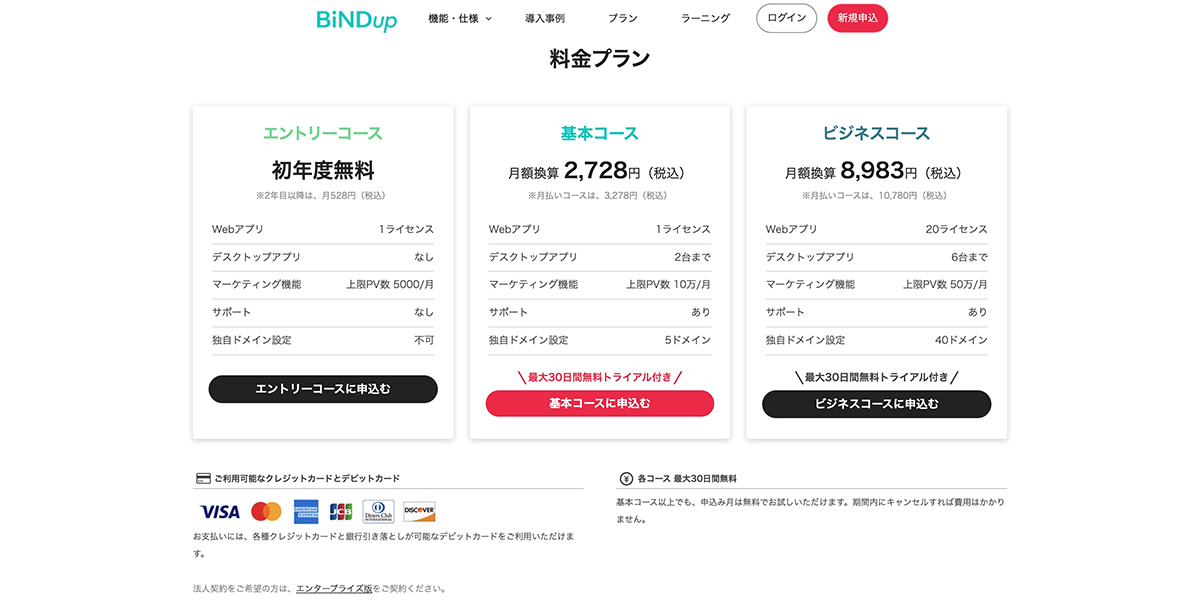 BiNDupのご利用料金の決済は、すべてのコースでクレジットカードもしくはデビットカードをお選びいただけます。